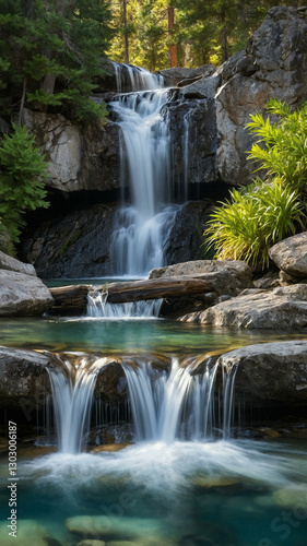 Alpine waterfall cascading into a clear pool.