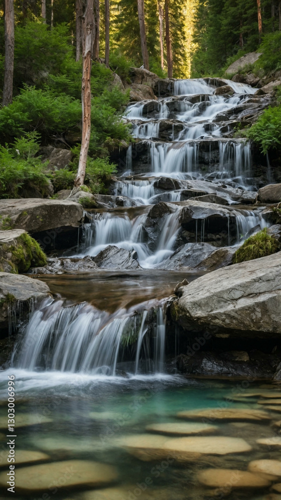 Obraz premium Alpine waterfall cascading into a clear pool.