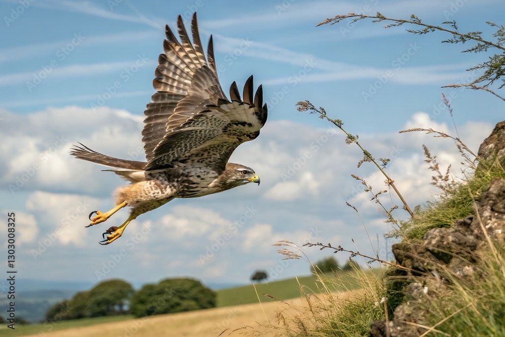 Fototapeta premium Hawk in Flight Over Rural Landscape