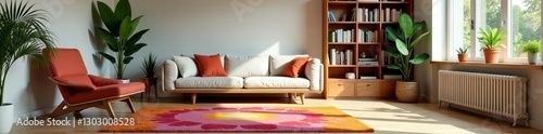 Spacious apartment living area with colorful rug, armchair, and bookshelf, lamp, relax