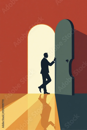 Unlocking Success: Businessman Striding Towards Keyhole-Shaped Door, Representing Career Opportunities and Aspirations