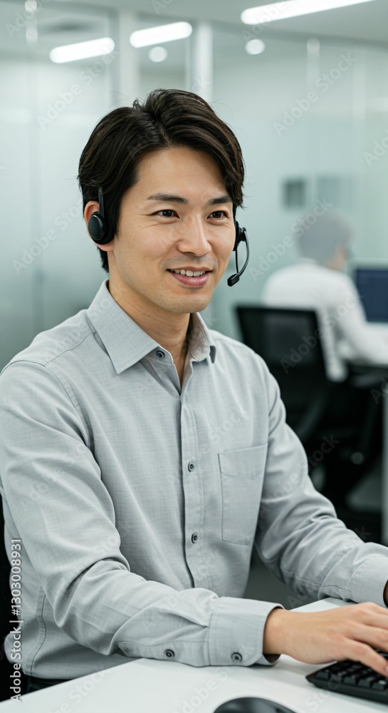 Smiling Call Center Employee Assisting Customers with Professional Support in a Modern Office Setting Smiling Call Center Employee Assisting Customers with Professional Support in a Modern Office Setting