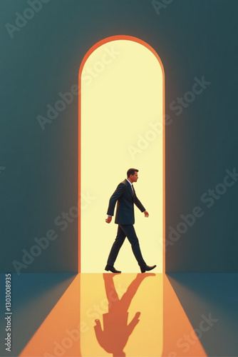 Unlocking Success: Businessman Striding Towards Keyhole-Shaped Door, Representing Career Opportunities and Aspirations