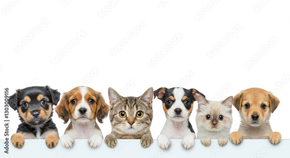 Obraz premium Curious dogs, cats, and a rabbit playfully peeking over a white surface with joyful expressions