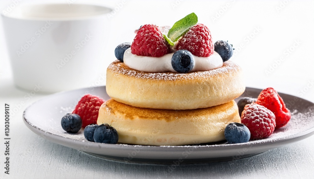 Traditional Fluffy Japanese Souffle Pancakes with berries and cream, white background, Traditional Fluffy Japanese Souffle Pancakes with berries and cream, white background,