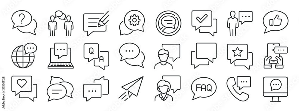 Set of collection line icons related speech bubble, chat, dialogue, conversation, comment. Editable stroke. Perfect pixel on transparent background Set of collection line icons related speech bubble, chat, dialogue, conversation, comment. Editable stroke. Perfect pixel on transparent background