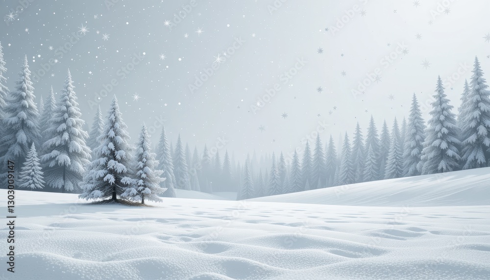 Fototapeta premium Tranquil Winter Landscape with Snow-Covered Forest and Gentle Snowfall in Calm Atmosphere