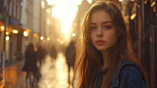 Teenage girl in city at sunset,  urban portrait