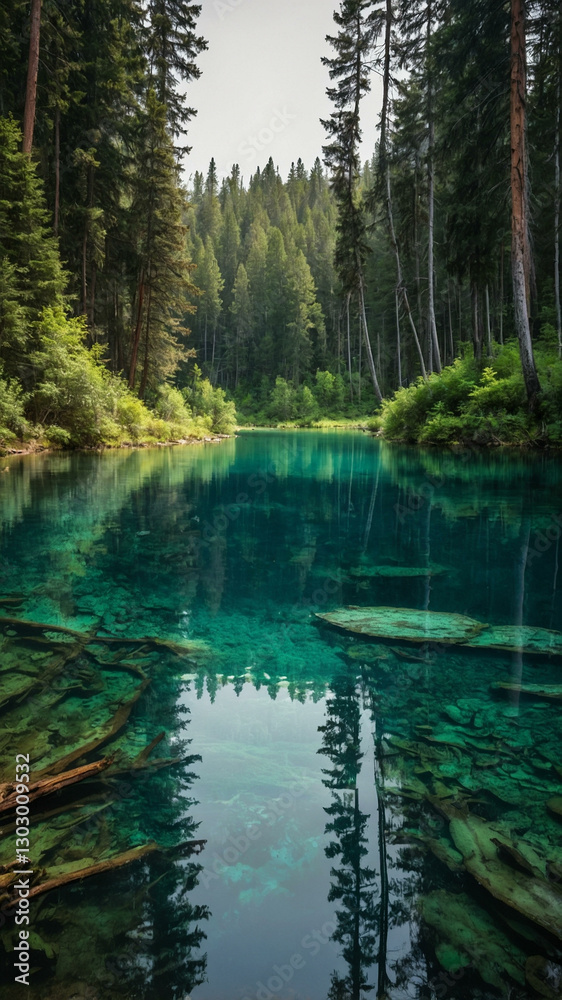 Hidden forest lake, with crystal clear water surrounded by dense trees. Hidden forest lake, with crystal clear water surrounded by dense trees.