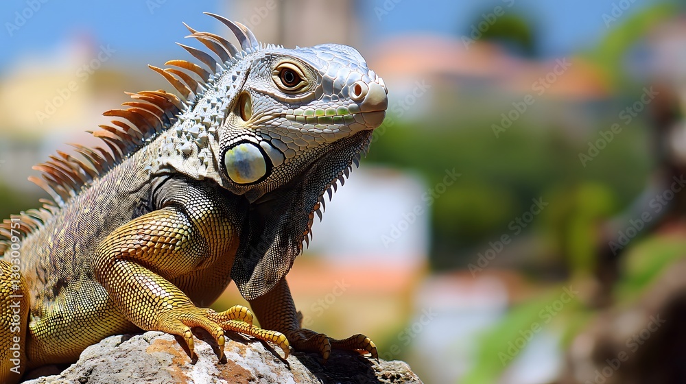 Obraz premium Close-Up of a Colourful Iguana Amidst the Vibrant Background of an Old Spanish Fort in San Marius