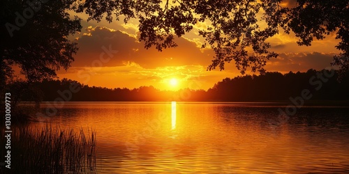 Sunset reflections serene lake cinematic scene golden hour landscape peaceful ambiance