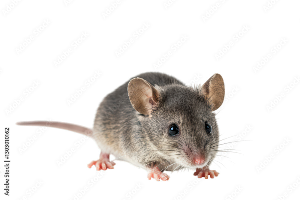 Gray common house mouse displaying curiosity with delicate features against a white background Gray common house mouse displaying curiosity with delicate features against a white background
