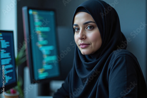 A Portrait of a Modern Saudi Programmer in Black Veil