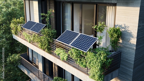 Mini solar panels installed on contemporary high-rise apartment balconies. 