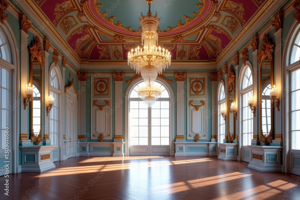 Fototapeta premium The image depicts a luxurious baroque-style ballroom with intricate decorations, frescoes, and turquoise accents, complemented by arched windows and fuchsia-framed mirrors.