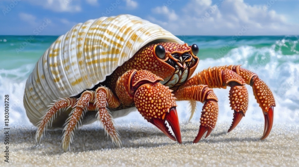 A vibrant hermit crab on a sandy beach, with waves crashing in the background. A vibrant hermit crab on a sandy beach, with waves crashing in the background.