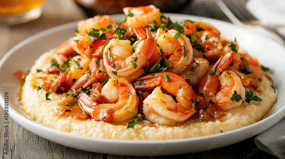 A delicious plate of shrimp served over creamy grits, garnished with herbs, showcasing a mouthwatering Southern dish. A delicious plate of shrimp served over creamy grits, garnished with herbs, showcasing a mouthwatering Southern dish.