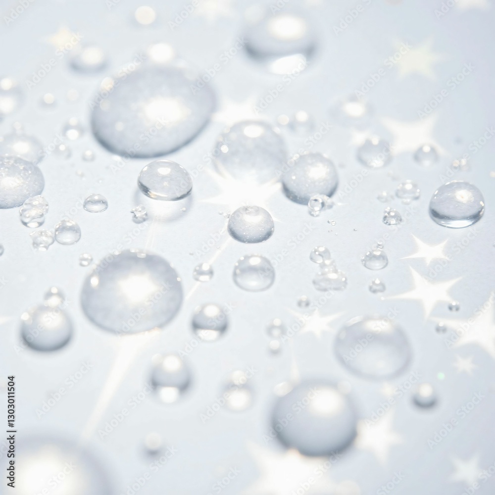 Clear Water Drops with Diffused Reflection of Shining Light on a White Background, Creating a Fresh and Transparent Texture Clear Water Drops with Diffused Reflection of Shining Light on a White Background, Creating a Fresh and Transparent Texture