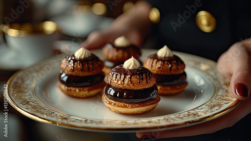 Woman holding plate of gourmet chocolate pastries at tea party