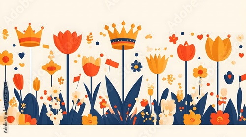 Minimalist flat design for Queen's Day, featuring abstract elements like crowns, flags, and orange tulips, with a harmonious blend of warm oranges, soft yellows, and cool blues, clean and elegant