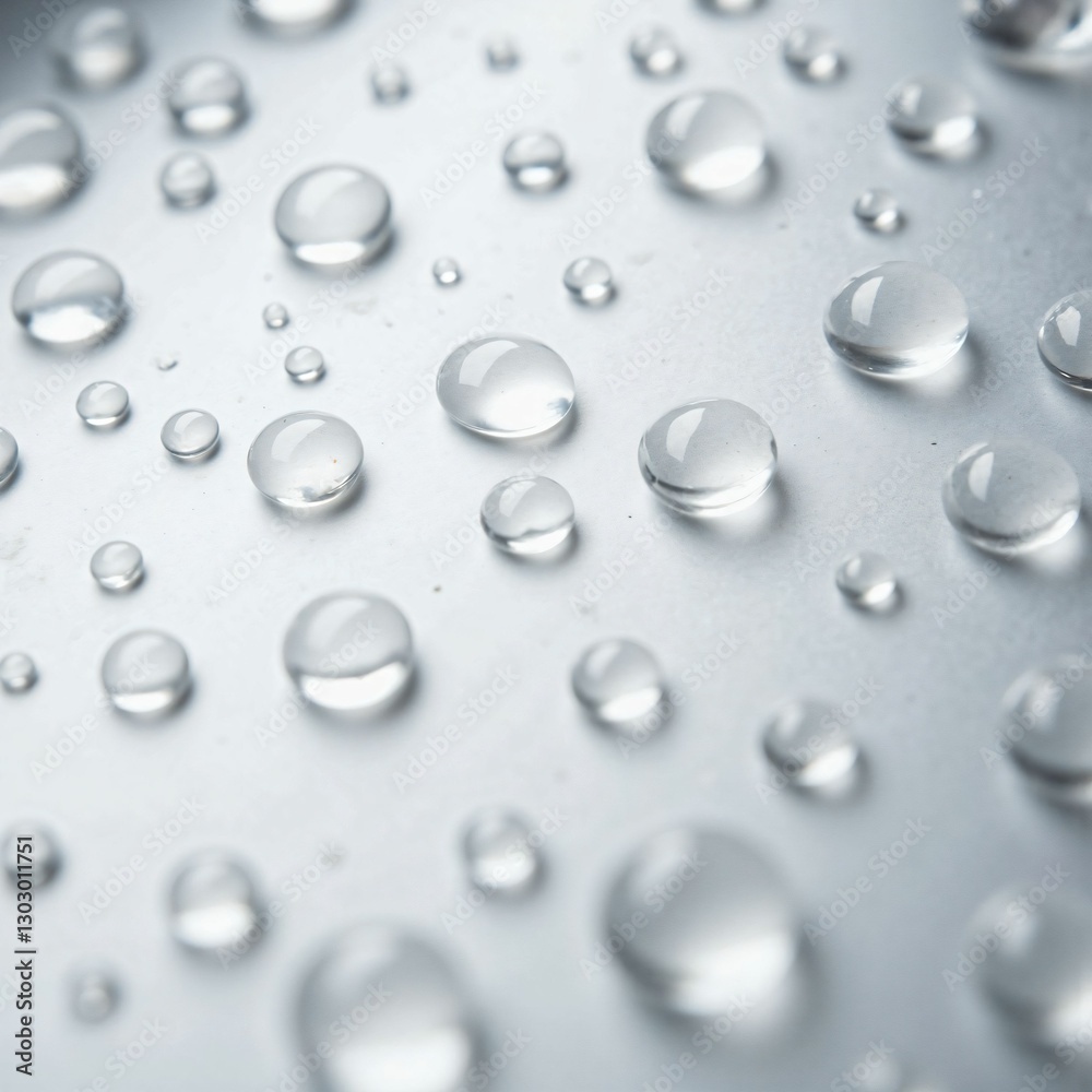 Clear Water Drops with Diffused Reflection of Shining Light on a White Background, Creating a Fresh and Transparent Texture Clear Water Drops with Diffused Reflection of Shining Light on a White Background, Creating a Fresh and Transparent Texture