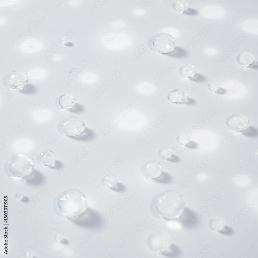 Clear Water Drops with Diffused Reflection of Shining Light on a White Background, Creating a Fresh and Transparent Texture Clear Water Drops with Diffused Reflection of Shining Light on a White Background, Creating a Fresh and Transparent Texture