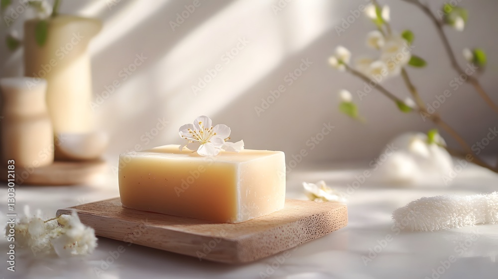 Handmade Minimalist Still Life Featuring Natural Soap with Delicate Floral Accents in Serene Setting Handmade Minimalist Still Life Featuring Natural Soap with Delicate Floral Accents in Serene Setting