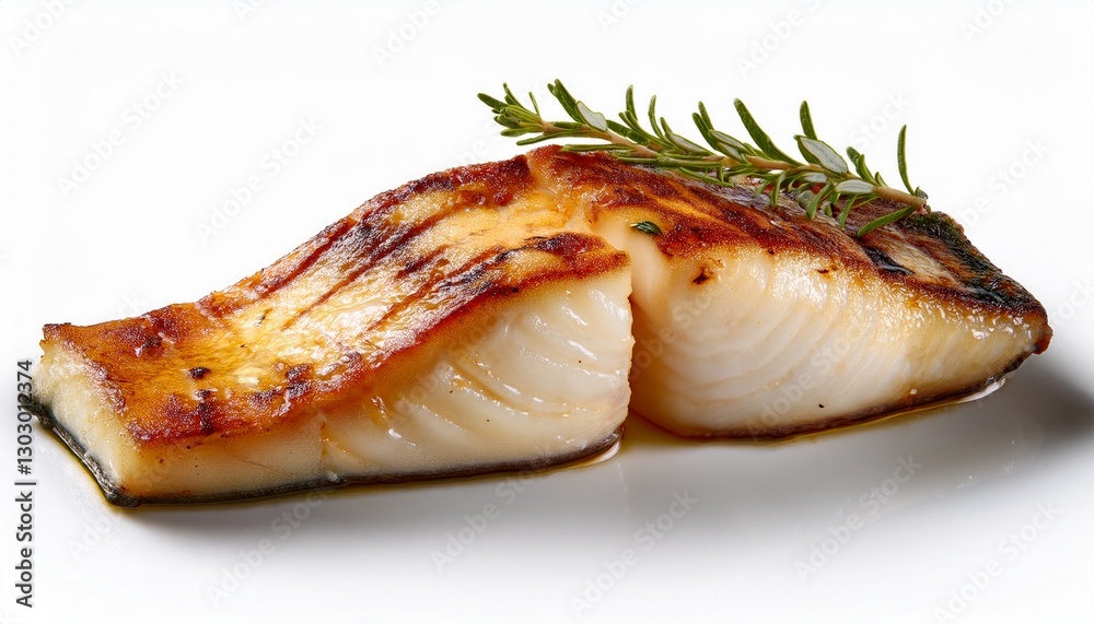 piece of grilled monkfish on white background piece of grilled monkfish on white background