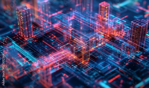 Wallpaper Mural Digital city illuminated with vibrant orange and blue. Torontodigital.ca