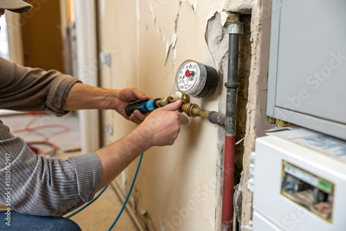 Plumber’s hands install a water meter into the wall, ensuring accurate water consumption tracking and reliable operation of the water supply system.