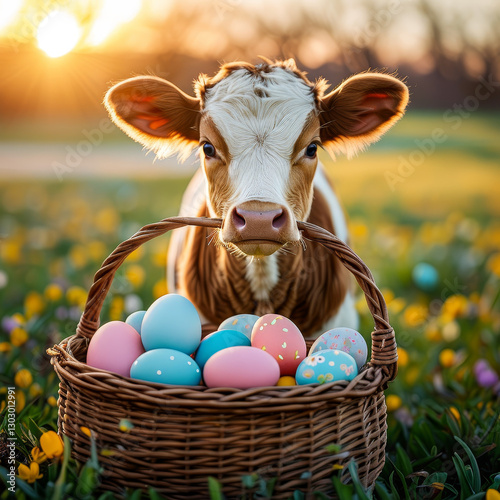 Easter celebration animal, cute easter cow in an easter basket full of colorful easter eggs, sunny spring time holiday, spring flower meadow, golden hour, easter nest