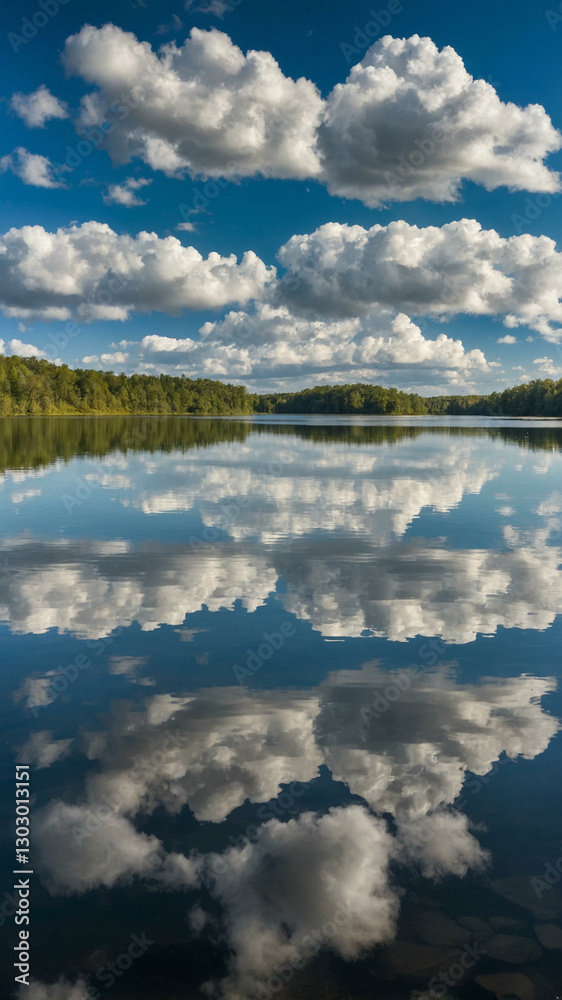 Obraz premium Cloud reflections on a glassy lake surface. 