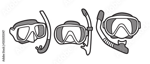 three vector images of diving goggles with snorkel