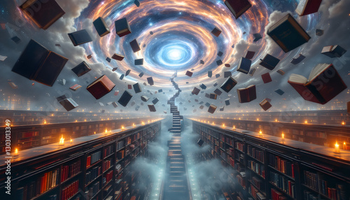 Surreal Library with Floating Books and Cosmic Vortex