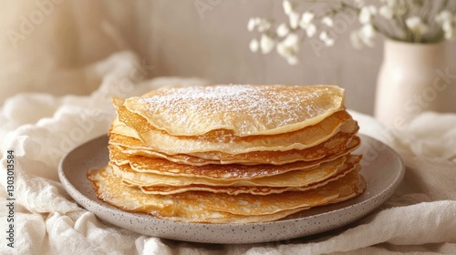 Stack of Crepes (French Pancakes) on a Plate with Copy Space