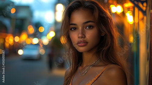 Young woman portrait, city street at night, soft focus background