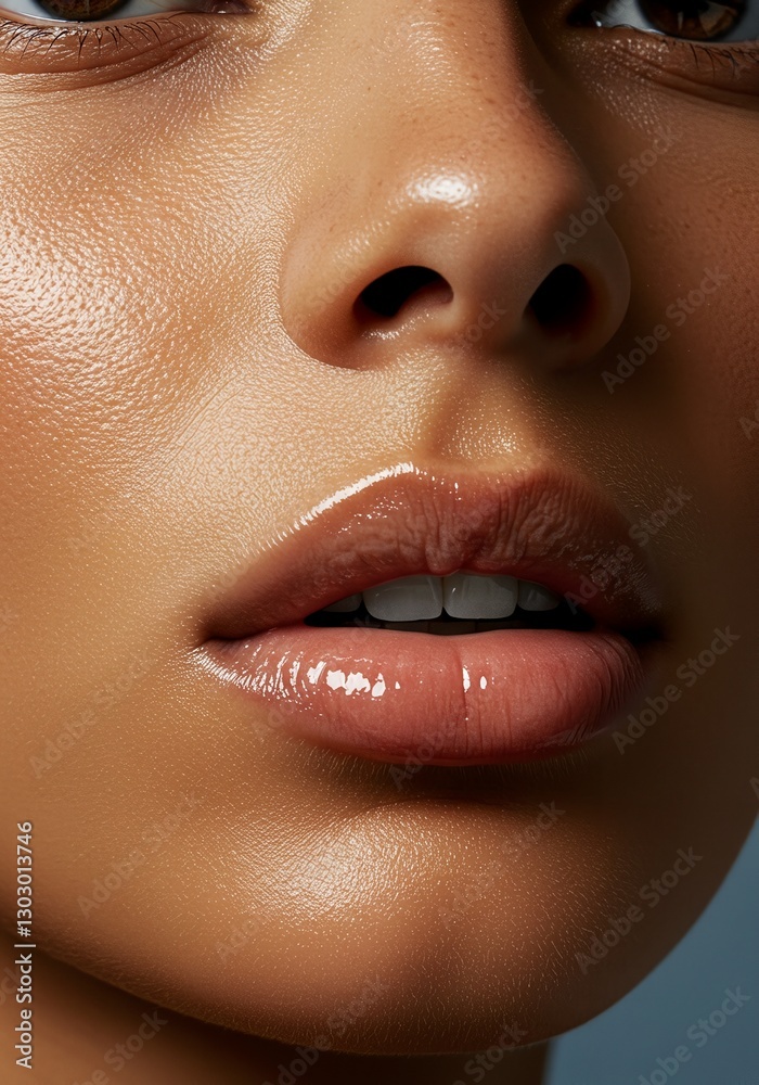 Naklejka premium Glossy Lips and Glowing Skin Close-Up | Natural Makeup Micro Portrait