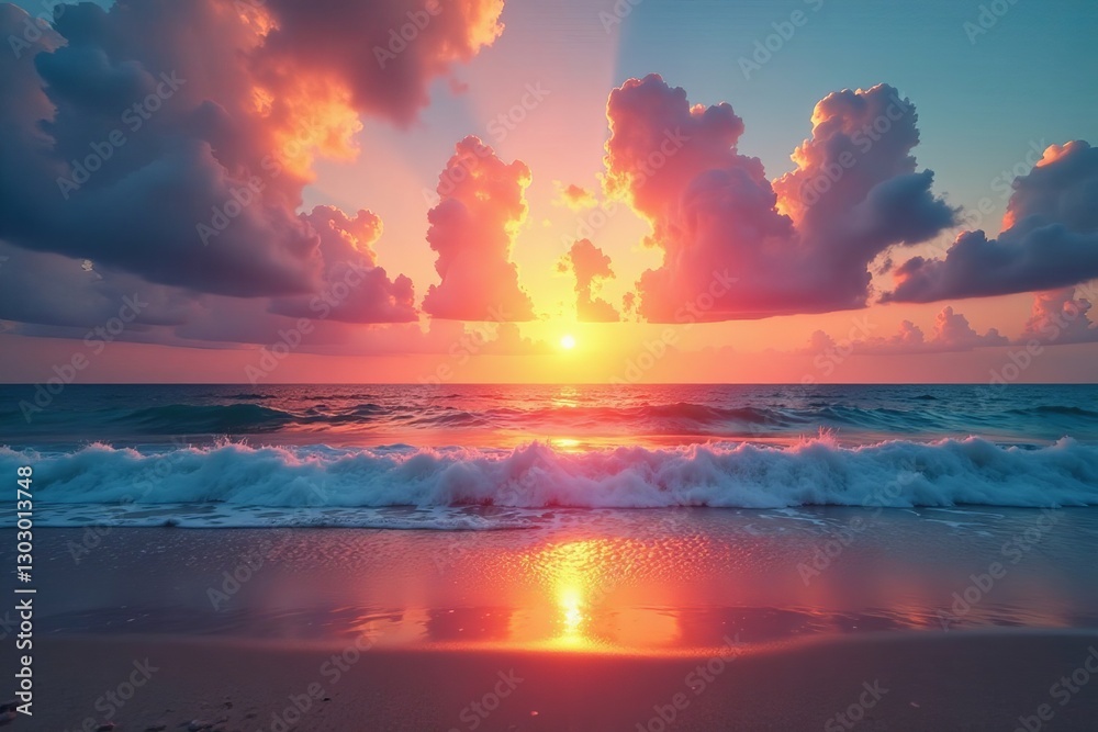 Naklejka premium Sun setting over calm ocean beach with colorful sky, water, seascape, scenic