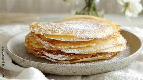 Stack of Crepes (French Pancakes) on a Plate with Copy Space