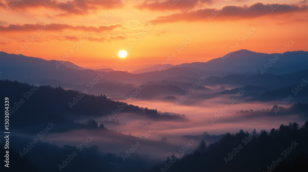 Fototapeta premium A peaceful and serene sunrise over a calm landscape. Perfect for themes related to tranquility, nature, and morning inspiration