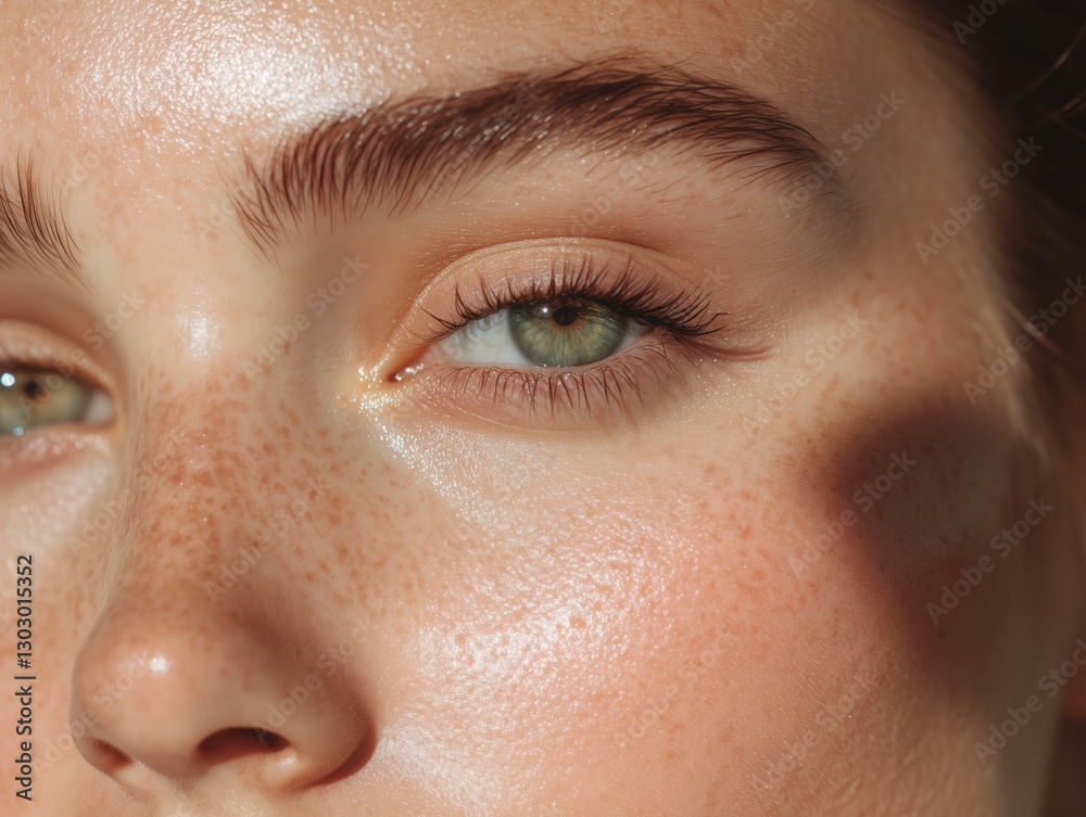 Close-up of a person’s face showcasing freckles and captivating green eyes under natural light in a serene setting Close-up of a person’s face showcasing freckles and captivating green eyes under natural light in a serene setting