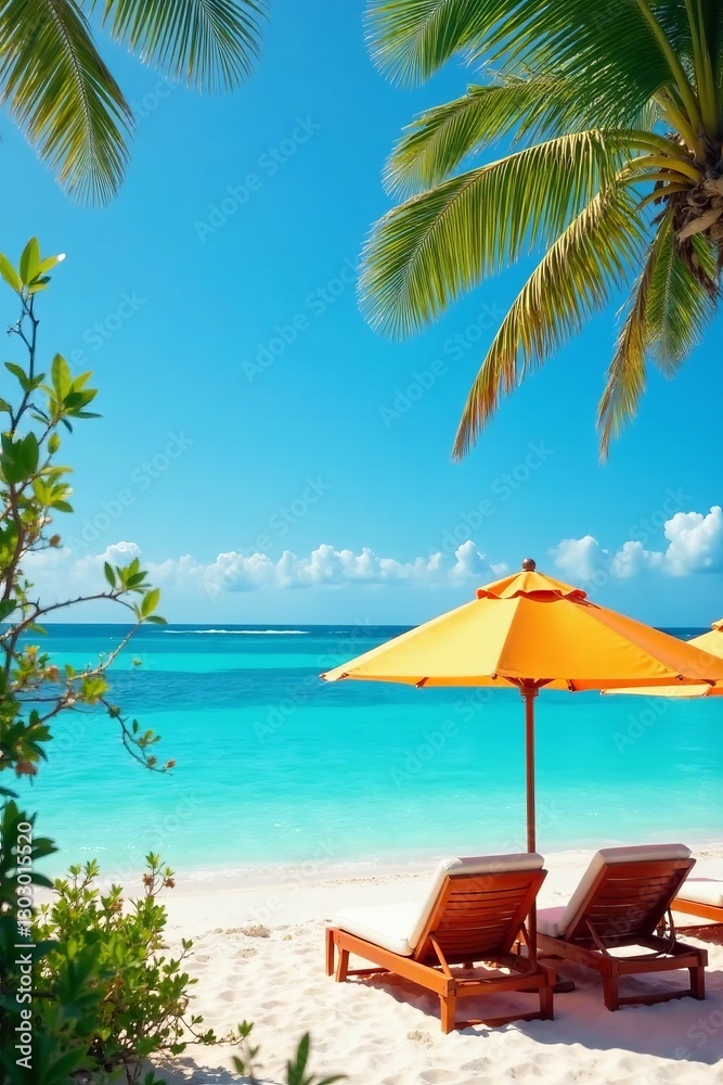 Sunlit beach with colorful parasols and lounge chairs overlooking turquoise ocean, summer, relaxation Sunlit beach with colorful parasols and lounge chairs overlooking turquoise ocean, summer, relaxation
