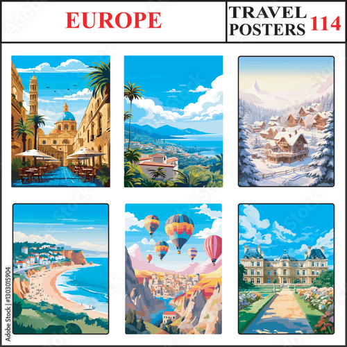 Europe Palermo Sicily Town Canary Islands Megeve Travel Poster Wall Art Print Collection Set 114
