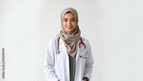  Female Physician in Medical Coat and Hijab Posing in Studio with Focus on Professionalism and Attire