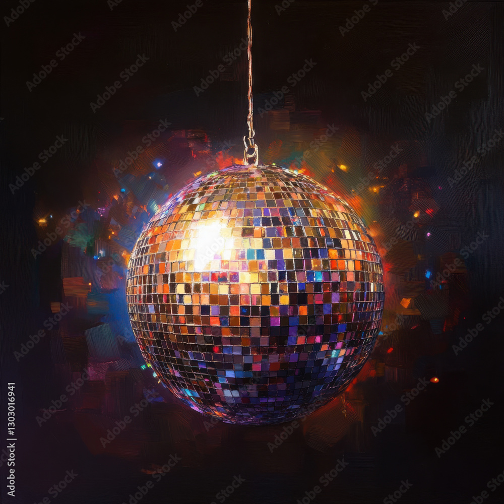 Obraz premium an image of a glittering disco ball hanging against the background of a dark nightclub. High quality photo