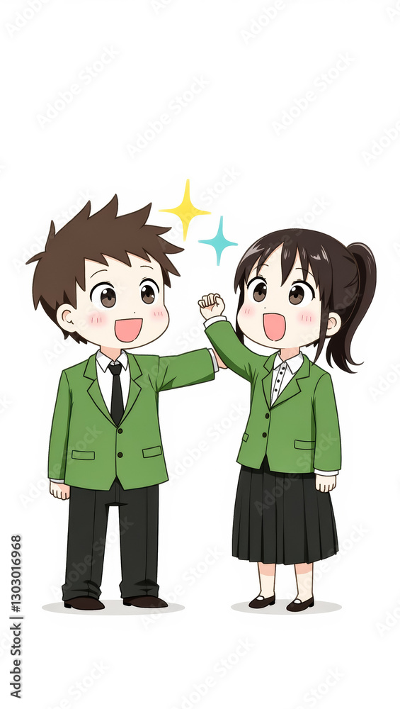 two smiling students in green uniforms celebrate success together two smiling students in green uniforms celebrate success together