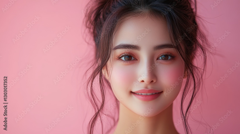 smiling asian woman holding skincare bottle in bright minimalist background smiling asian woman holding skincare bottle in bright minimalist background