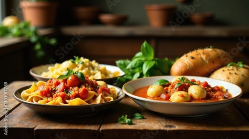 Aromatic pasta dishes with rich tomato sauce, featuring fresh basil and soft doughy bread