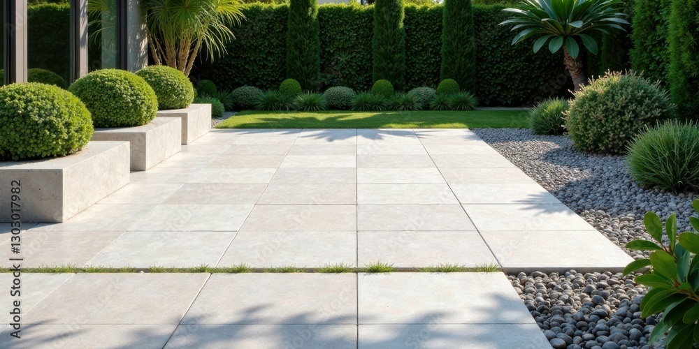 Fototapeta premium Serene outdoor patio design featuring light-colored stone paving, neatly trimmed shrubs, and a meticulously arranged gravel border