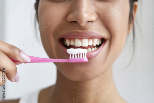 Woman brushing her teeth with a pink toothbrush and toothpaste, smiling with healthy white teeth